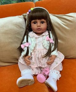 RXDOLL Reborn Baby Dolls Vinyl Full Body Tan Skin African American 22 inches Realistic Black Biracial Girl Reborn Toddler Doll Long Hair with Beautiful Dress Accessories for Xmas Gifts