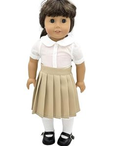 18 inch Doll Outfit-School Plaid Jumper include Blouse and Hair Accessory/Add on Option: Sock and Shoe (Doll is not included) (Pleated Skirt Set,White Sock,Matte Black Shoe, Solid Khaki)