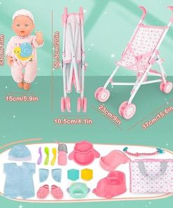 deAO 13″ Baby Doll Set with Foldable Stroller & 58 PCS Accessories 2