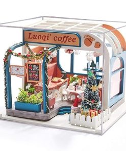 1:24 Cool Beans Boutique Miniature Dollhouse DIY Kit – Wooden Coffee Shop with Christmas Tree (Assembly Required) K046