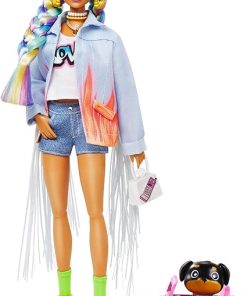 Barbie Extra Doll & Accessories with Rainbow Braids in Long-Fringe Denim Jacket with Pet Puppy and Car for Pet