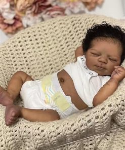 Zero Pam Reborn Baby Dolls Black Boy Sleeping with Curly Hair, 18 Inch African American Soft Vinyl Full Body Silicone Realistic Baby Dolls Anatomically Correct Newborn Baby Boy Doll for Kids Age 3+