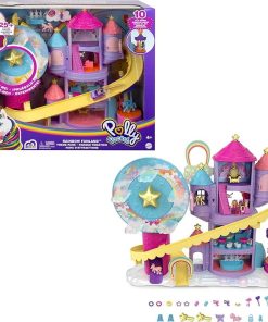 Polly Pocket Rainbow Funland Theme Park, 3 Rides, 7 Play Areas, Polly and Shani Dolls, 2 Unicorns & 25 Surprise Accessories (30 Total Play Pieces), Great Gift for Ages 4 Years Old & Up