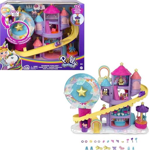 Polly Pocket Rainbow Funland Theme Park, 3 Rides, 7 Play Areas, Polly and Shani Dolls, 2 Unicorns & 25 Surprise Accessories (30 Total Play Pieces), Great Gift for Ages 4 Years Old & Up