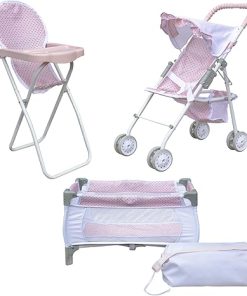 Olivia’s Little World Polka Dots Princess 3-in-1 Baby Doll Nursery Set, Pink/Gray