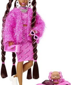 Barbie Extra Doll & Accessories with Long Brunette Styled Hair in Pink 2-Piece Outfit with Sparkly Jacket & Pet Puppy