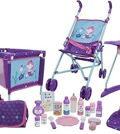 509 Crew Mermaid 21 Piece Set: Doll Stroll n Play & Care Set – Includes Stroller, Car Seat, Highchair, Play Yard, 15 Piece Accessories, & Diaper Bag/Handbag, Kids Pretend Play Ages 3+ (T818028)