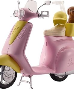 Barbie Toy Scooter with Puppy & Helmet Accessory, Pink & Yellow Moped with Basket, Kickstand & Seat Clip for Doll