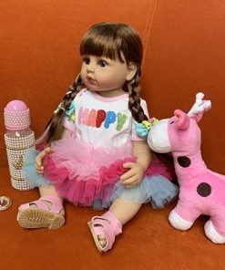 Reborn Baby Dolls 22 inch Baby Reborn Toddler Lifelike Baby Dolls Realistic Reborn Doll Long Brown Hair Pink Giraffe Toy Accessories for Collectors 2