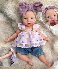 11 Inch Full Body Silicone Reborn Baby Doll, Eyes Open Realistic Lifelike Full Silicone Body Baby Girl, Not Vinyl Material Dolls – Cute Bow Suit Girl