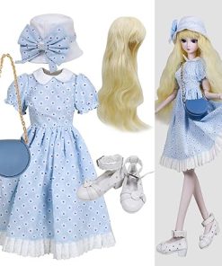 Proudoll 1/3 BJD Doll Clothes Outfit Set – Handcrafted Stylish Blue Floral Dress, Hat, Wig, Cross-Body Bag, and High Heel, Compatible with 1/3 60cm 24in SD Dolls