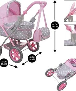 509 Crew: Cotton Candy Pink: Amanda Doll Pram – Pink, Grey, Polka Dot – W/Matching Handbag, Foldable, Removable Bassinet, Kids Pretend Play, Ages 3+ 2