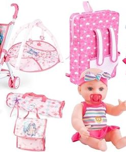 deAO 12 Inch Baby Doll Stroller Play Set,14 PCS Baby Doll Accessories with Foldable Doll Stroller,Crib,Play Mat,Doll Clothes and Travel Bag,Pretend Play Baby Care Toy Gift for 3 4 5 Girls