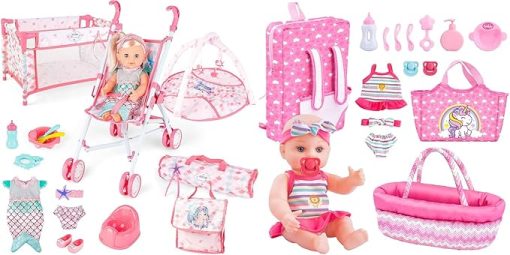 deAO 12 Inch Baby Doll Stroller Play Set,14 PCS Baby Doll Accessories with Foldable Doll Stroller,Crib,Play Mat,Doll Clothes and Travel Bag,Pretend Play Baby Care Toy Gift for 3 4 5 Girls