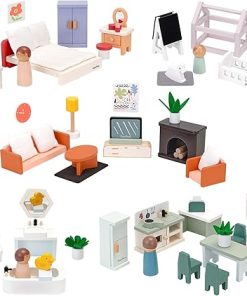 PairPear Wooden Dollhouse Furniture Set,56 Pieces Doll Furnitures with 5 Room Kits Play Fingers,Doll House Miniature Furniture Pretend Play Toys Gift for Toddler Boys and Girls 3Y+