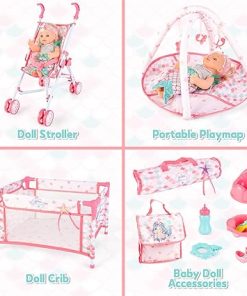 deAO 12 Inch Baby Doll Stroller Play Set,14 PCS Baby Doll Accessories with Foldable Doll Stroller,Crib,Play Mat,Doll Clothes and Travel Bag,Pretend Play Baby Care Toy Gift for 3 4 5 Girls 2