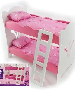 Matty’s Toy Stop 18 Inch Doll Furniture Pink/White Wooden Bunk Beds with 2 Pillows, 2 Cushions & Ladder – Fits American Girl Dolls