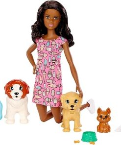 Barbie Doggy Daycare Doll, Brunette, and Pets Playset with Puppy That Poops and One That Pees, Plus Color-Change Paper and More
