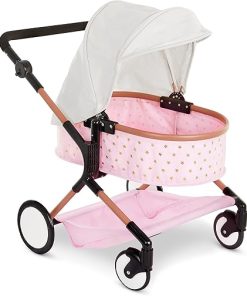 babi by Battat – Baby Doll Double Stroller Mini Gold Stars Foldable Canopy, Swivel Wheels, Basket Pink Carriage Fits Twin 14-inch Dolls Children’s Toys Kids Ages 2+ (BAB7630C1Z)