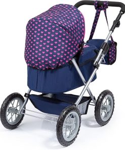 Bayer Design Dolls: Trendy Pram – Blue, Pink, Hearts – Includes Shoulder Bag, Fits Dolls Up to 18″, Adjustable Handle, Kids Pretend Play, Shopping Basket, Easy to Fold, Ages 3+ 2
