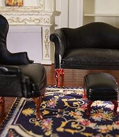 Dollhouse Sofa Chair & Footstool Set 3Pcs 1/12 Living Room Decor Black Leather Miniature SJT151 2