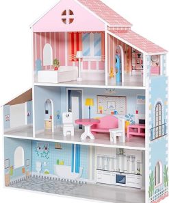 Costzon Wooden Dollhouse, 3-Story Pretend Play Doll House with Living Room Bedroom Bathroom Furniture and Accessories, 31.5 Inch High Doll House for Little Girls, Gift for Ages 3+