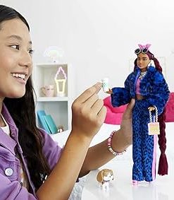 Barbie Extra Doll and Accessories with Burgundy Braids Dressed in Furry Jacket with Pet Puppy 2