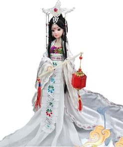Chinese Oriental Antique Doll, 12 Inch With 3D Realistic Eyes, Indoor Decoration, Bracket Shoes, Headdress – for Ages 15 Years+, White