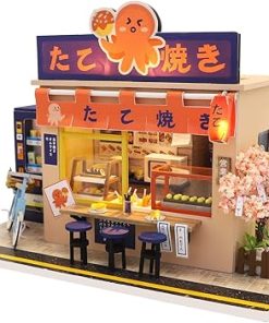 Cool Beans Boutique Miniature DIY Dollhouse Kit Wooden Japanese Takoyaki Shop with Dust Cover – Architecture Model kit (English Manual) (Japanese Takoyaki Shop)