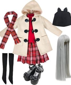 Proudoll Daily Outfits Wig Hat T-shirt Skirt Stocking Coat Boots Scarf Clothes for 1/3 BJD Doll 60cm 24inches Dolls Beige Set