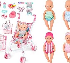 deAO 12 Inch Baby Doll Stroller Play Set,14 PCS Baby Doll Accessories with Foldable Doll Stroller,Crib,Play Mat,Doll Clothes and Travel Bag,Pretend Play Baby Care Toy Gift for 3 4 5 Girls