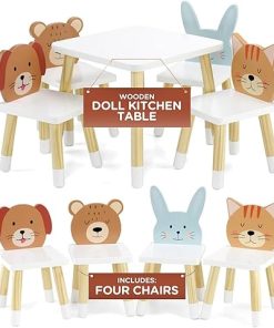 Emily Rose 14-18 Inch Doll Wooden Kitchen Table and 4 Chair Dining Room Toy Gift Set for Little Girls – Animals Theme | 14-18″ Furniture Accessory | USA Business