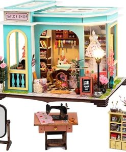 Dollhouse DIY Miniature Wooden House Kit,Mini Handmade Tailor Shop Cabin Building Model with LED,Creative Woodcrafts for Adult Friend Lover Birthday Gift