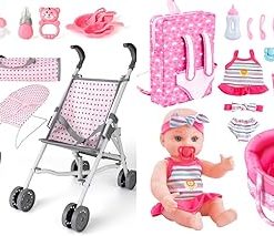 deAO Baby Doll Stroller Crib Bed Nursery Role Play Set Baby Doll with Accessories and Play Mat,Travel Cot,Bouncer,Foldable Stroller and Travel Bag Gifts for Toddlers Girls Boys