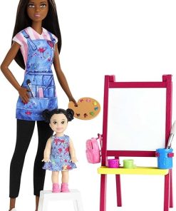 Barbie Careers Doll & Playset, Art Teacher Theme with Brunette Doll, 1 Toddler Doll, Color-Change Easel & Accessories