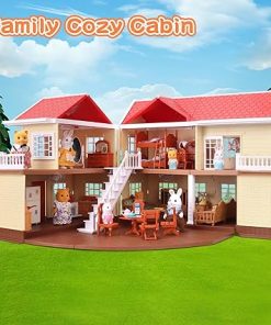 Family Cozy Cabin Doll House Playset, Dollhouse Furniture and Accessories,DIY Cottage Pretend Play Dollhouses, for Toddlers, Boys & Girls 2
