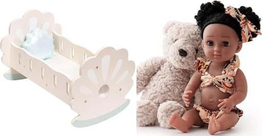 ROBOTIME Baby Doll Crib with 15“Baby Reborn Doll, Baby Doll Bed, Doll Rocking Cradle Baby Doll Accessories Furniture with Bedding for 18 inch Dolls (Seashell)