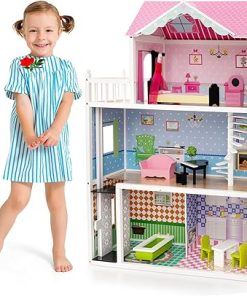 Costzon Wooden Dollhouse for Kids, 3-Story Semi-Open Doll House with 5 Rooms & 10 Pieces Furniture Set, Working Elevator, Rotatable Stair, DIY Pretend Play Dollhouse Toy, Gift for Girls & Boys (Pink)