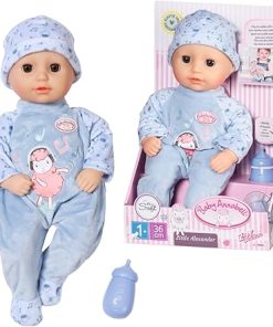 Zapf Creation 709887 Little Alexander 36 cm – weiche Puppe mit Stoffkörper, Blauer Strampler, Blaue Schlafaugen und Fläschchen.
