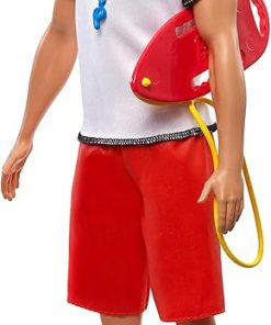Barbie Ken Lifeguard Doll with Life Buoy, Whistle and Blonde Hair Wearing T-Shirt, Red Swim Trunks and Flip-Flops, Gift for 3 to 7 Year Old