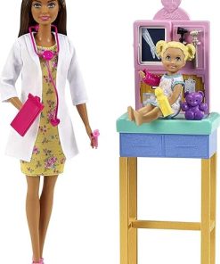 Barbie Pediatrician Playset, Brunette Doll (12-in/30.40-cm), Exam Table, X-ray, Stethoscope, Tool, Clip Board, Patient Doll, Teddy Bear, Great Gift for Ages 3 Years Old & Up