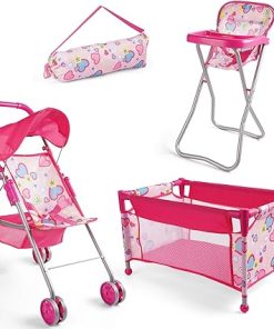 BABESIDE 4Pcs Baby Doll Stroller Set with Doll Pack n Play, Baby Doll High Chair, Reborn Doll Crib with Storage Bag, Reborn Baby Doll Accessories for 17-20 Inches Dolls Kids Gift
