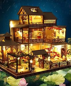 3D Wooden Assembled Dollhouse Kit DIY Miniature Japanese Style Courtyard Scene Building with Dust Cover and Music Creative Halloween 2