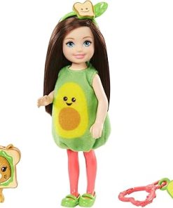 Barbie Club Chelsea Dress-Up Doll, 6-in Brunette in Avocado Costume with Pet Kitten and Accessories, Gift for 3 to 7 Year Olds