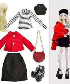 Proudoll 1/3 BJD Doll Clothes Outfit Set – Handcrafted Stylish Red Jacket, Beret, Black Skirt, and Long-Sleeve Shirt Set, Compatible with 1/3 60cm 24in SD Dolls
