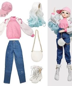 Proudoll 1/3 BJD Doll Clothes Outfit Set – Handcrafted Stylish Pink Hoodie, Jeans, Cap, Wig, Cross-Body Bag, and Boots, Compatible with 1/3 60cm 24in SD Dolls