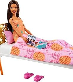 Barbie Doll and Bedroom Playset, Indoor Furniture Playset Doll (11.5-inch Brunette) Wearing Pajamas and Accessories, Gift for 3 to 7 Year Olds