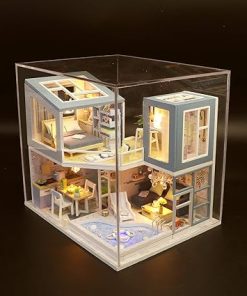 1:24 Cool Beans Boutique Miniature Dollhouse DIY Kit – Wooden Blue Townhouse with Pool + Dust Cover (Assembly Required) M910 2