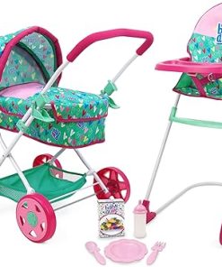 Baby Alive: Travel N’ Feed Set – 7pcs – Green, Pink, Hearts – Stroller, Highchair, Bag, Feeding Accessories, Set for Dolls Up to 18″, Kids Toy, Ages 3+