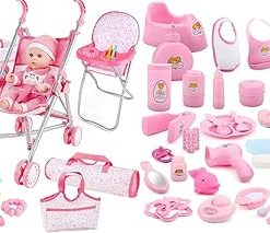deAO Baby Doll Stroller Crib Bed Nursery Role Play Set Baby Doll Accessories and Play Mat,Travel Cot,Bouncer,Foldable Stroller and Travel Bag Birthday for Girls Boys Kids